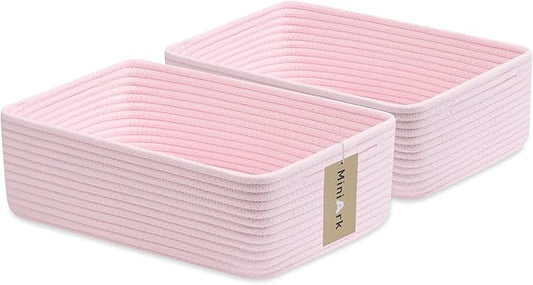 Large Shallow Organizing Baskets 15x11x5.1 Inches - Rope Woven Storage Bins for Bathroom, Shelves, Cube Closet, Light Pink 2 Packs