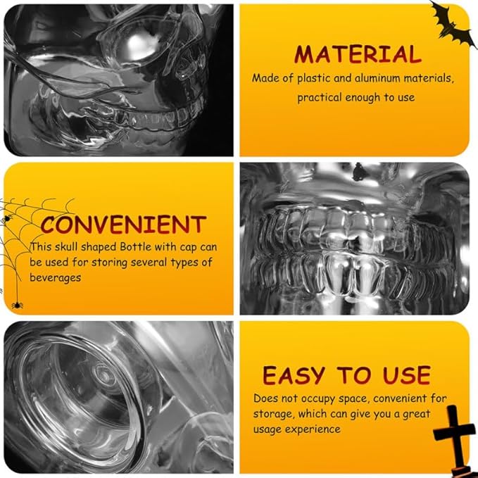VOSAREA 4pcs Halloween Beverage Bottles Clear Skull Shaped Jar Cups 800ml Plastic Drink Bottles with Screw Straw Hole Lid Party Water Tumbler Skull Beverage Juice Mug