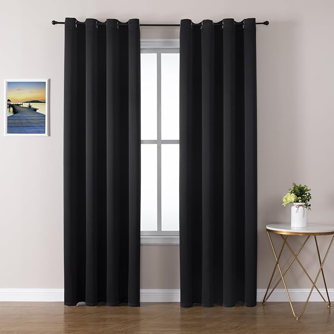 ChrisDowa Blackout Curtains 80 Inches Long 2 Panels Set for Living Room, Grommet Thermal Insulated Room Darkening Curtains for Bedroom (Black, 52 x 80 Inch)