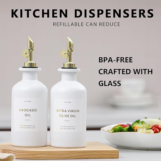 HOMCDALY Olive Oil Dispenser for Kitchen, 11.8oz Glass kitchen Dispenser Bottle, Gold Oil&Vinegar Cruet Set, Leakproof Oil Containers for Cooking| Set of 2 (11.8oz – Gold)