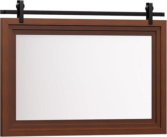 ALBAD Farmhouse Wood Framed Wall Mirror, Natural Wood and Framed Wall Mounted Bathroom Vanity Mirror for Farmhouse Decor, Vertical or Horizontal Hanging