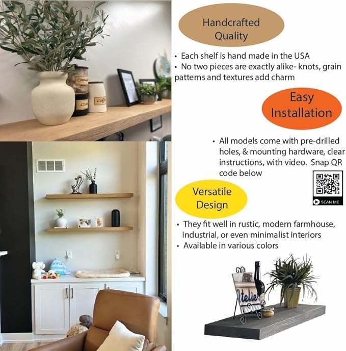 joelsantiques - 36 Inch Wooden Floating Shelves for Wall - 36x8x2 in - Made of Natural Wood - Heavy Duty Rustic Wall Shelves for Bedroom - Perfect for Living Room, Kitchen - Natural