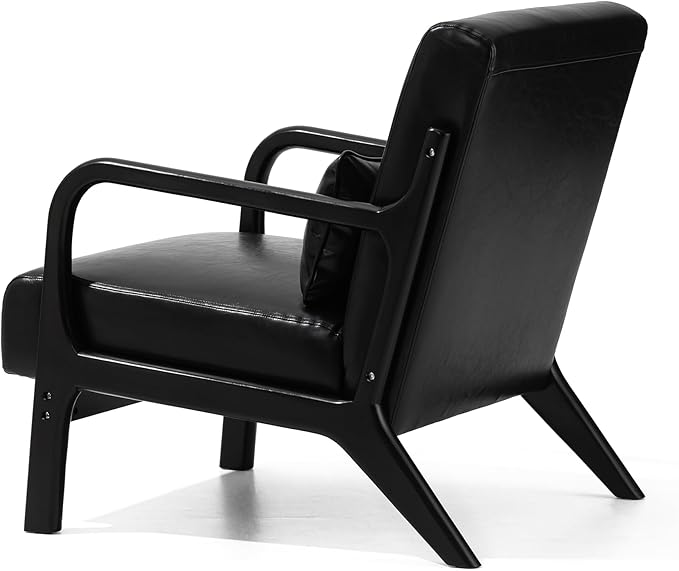 Glitzhome Accent Armchair with Walnut Ruberwood Frame, Black PU Leather Lounge Chair for Living Room