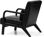Glitzhome Accent Armchair with Walnut Ruberwood Frame, Black PU Leather Lounge Chair for Living Room