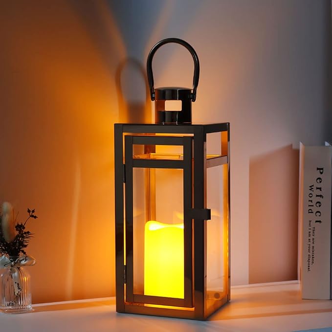 TRIROCKS Stainless Steel Decorative Lantern 12'' High Metal Candle Holder with Clear Glass Panels Perfect for Home Decor Living Room Parties Events Tabletop Indoors Outdoors (Rose Gold)