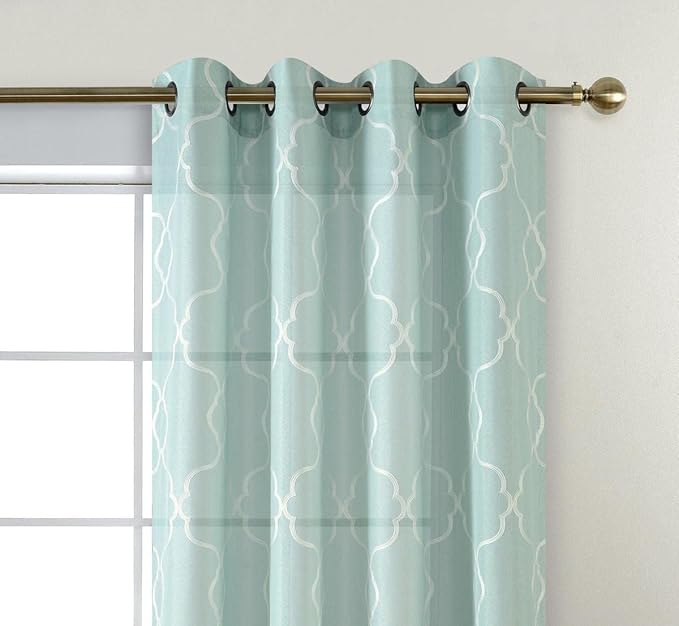 MIUCO Moroccan Embroidery Semi Sheer Curtains Faux Linen Grommet Panels for Living Room 52 x 84 Inch 2 Panels Set, Subtle Green