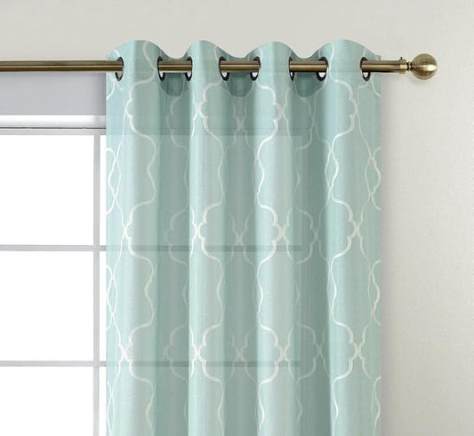 MIUCO Moroccan Embroidery Semi Sheer Curtains Faux Linen Grommet Panels for Living Room 52 x 84 Inch 2 Panels Set, Subtle Green