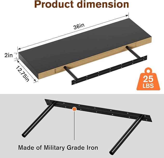 Floating Shelf, Set of 2 Wall Shelf, 36 in W x 12.75 in D x 2 in H Wooden Floating Wall Shelf with Invisible Brackets for Living Room/Bedroom/Bathroom/Kitchen Storage and Decor, Black Wood