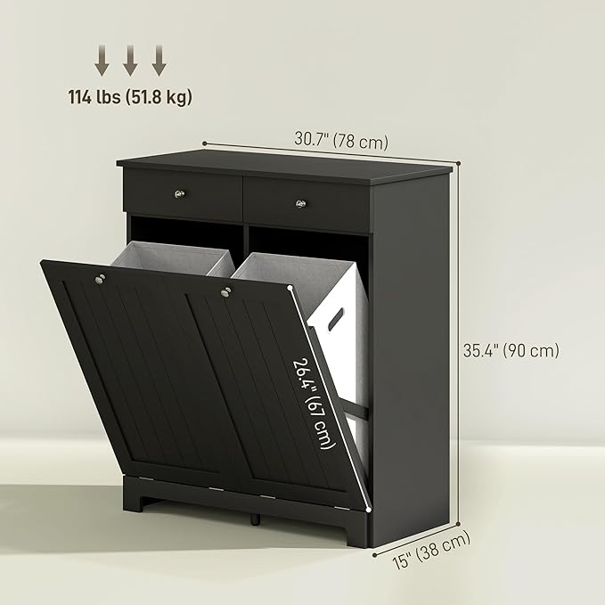 HOMCOM Laundry Hamper Cabinet with 2 Removable Baskets, Tilt Out Laundry Hamper Cabinet with 2 Drawers and 2 Beadboard Doors, Laundry Cabinet Bathroom Storage Cabinet, Black