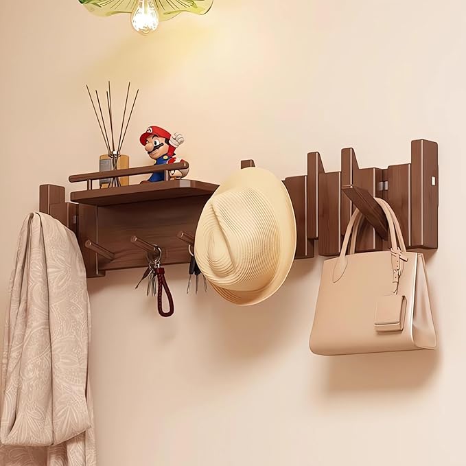 Wall Mounted Piano Key Hanger | Flip Style Hook | Entrance Wall Art Hook, Made of Oak Wood (3 Times Painted, 4 Times Polished) (Fence Walnut, 10Hooks)