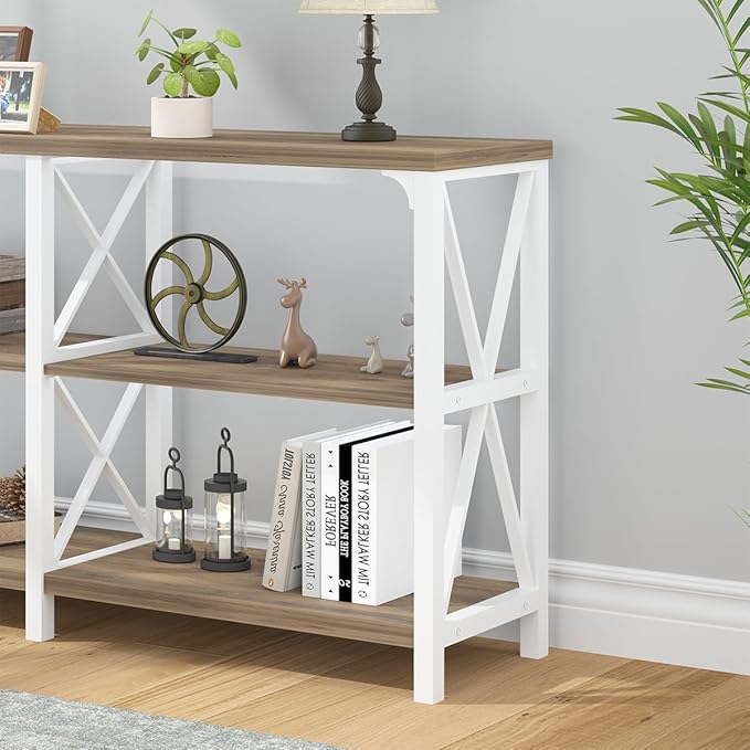 LVB Farmhouse Entryway Table, Industrial Wood Sofa Table with Storage Shelf, Modern Console Tables Behind Couch for Living Room, Wooden Hallway Foyer Table for Front Entry, White Rustic Oak, 55 Inch