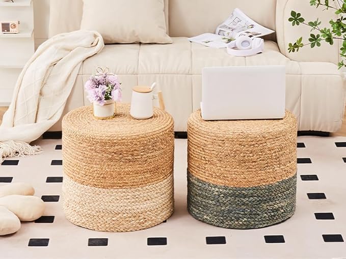 Wimarsbon 18'' Pouf Ottoman, Natural Braided Poof, Round Poufs, Rustic Handweave Lounge Pouffe, Boho Footrest Stool for Bedroom, Accent Table or Seat for Patio, Living Room
