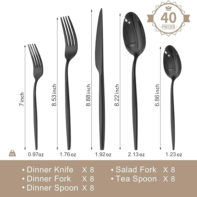 KINGSTONE Silverware Set, 40-Piece Flatware Set Cutlery Set Premium 18/10 Stainless Steel, Tableware Include Forks Knives Spoons for Home Kitchen Restaurant Wedding, Dishwasher Safe,Black