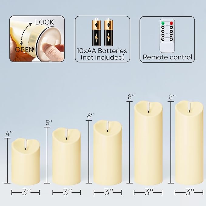 Homemory Outdoor Waterproof Flameless Candles, LED Candles, Battery Operated Candles with Remote and Timers, Electric Fake Plastic Pillar Candles, Dark Ivory, D3 H4 5" 6" 8" 8", Set of 5