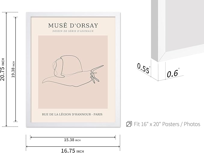 Poster Master Vintage Poster - Retro One Line Snail Drawing Print - Snail Line Art - Minimal Gift for Men, Women, Animal Lover - Abstract Wall Decor for Home, Office, 16x20 White Framed