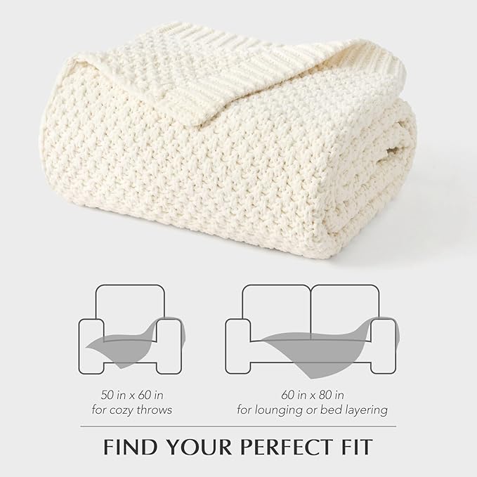 Chunky Chenille Knit Throw Blanket for Couch, Soft Luxurious Moss Stitch Blankets for Bed, Cozy Decorative Farmhouse Knitted Throws for Sofa, Ivory White, 50" x 60"