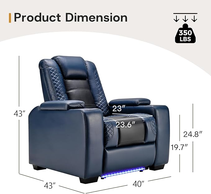 ANJ Power Home Theater Seating Set of 2, Blue Faux Leather Electric Recliner Chair with Powered Headrest, Dual Motors Movie Reclining Chairs with LED Lights,USB Port,Cup Holders, Hidden Arm Storage