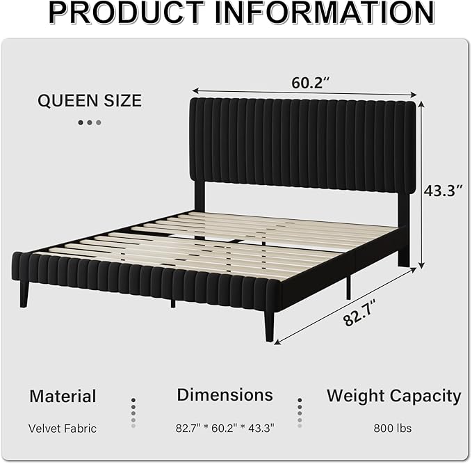 Queen Bed Frame, Velvet Upholstered Platform Bed with Vertical Channel Tufted Headboard, No Box Spring Required, Easy Assembly, Black