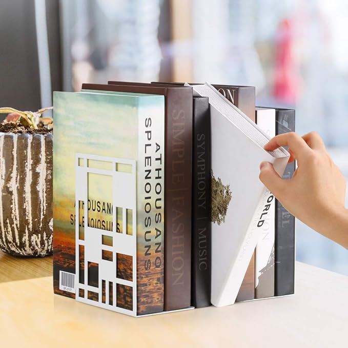 INNPLUS Heavy-Duty Metal Bookends, 6 Pair, White, Anti-Slip Foam Pads, Perfect for Heavy Books, Office, Home