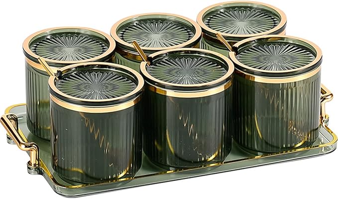 Acrylic Condiment Spice Jars,Condiment Spice Box With Lids and Spoons and Tray,Clear Plastic Condiment Canisters,Seasoning Box 6 Pack,Seasoning Box Set for Kitchen to Storage Salt,Paprika,Sugar
