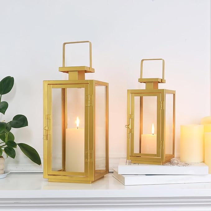 DECORKEY Fall Christmas Golden Decorations for Home, 17''&13'' Metal Candle Lanterns Decorative Outdoor&Indoor, Modern Hanging/Tabletop Candle Holders for Porch Patio Wedding Decor