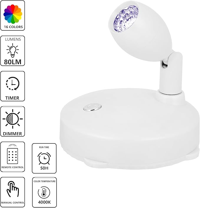 Cordless Spotlight Battery Operated, RGB Indoor Plant Light, Dimmable Accent Uplight with Remote, Color Changing Display Lighting for Picture Tree Photo Dartboard Painting Art
