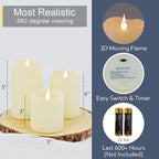 Flameless Candles Battery Operated with Remote Timer, 3D Moving Flame Flickering, Last 600+ Hours Battery Candles, Set of 3 Ivory Real Wax Electric LED Candle for Wedding Party Decor