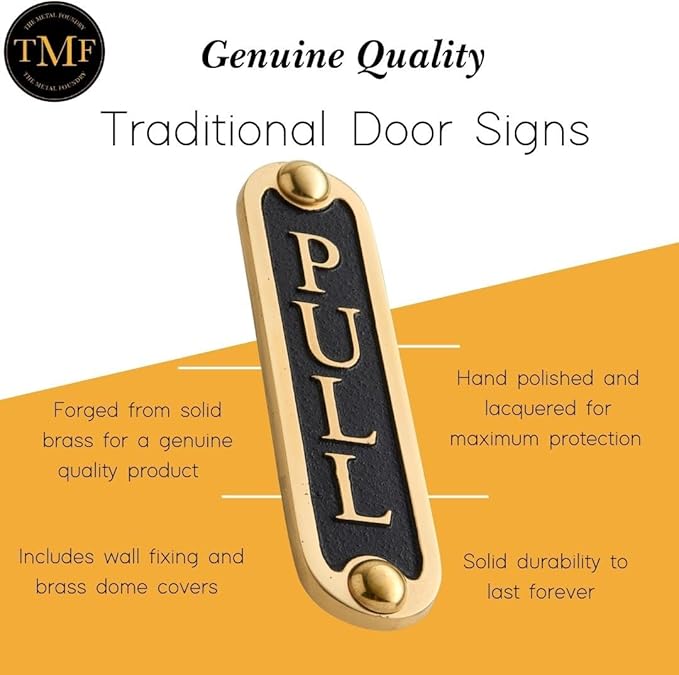 PULL Brass Door Sign. Traditional Style Home Décor Wall Plaque Handmade By The Metal Foundry UK.