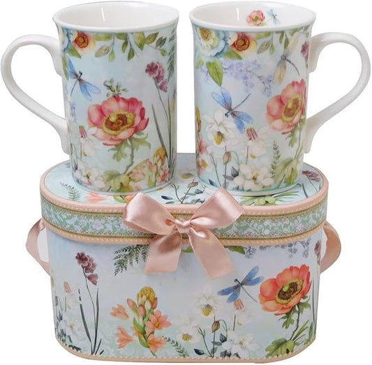 Lightahead Elegant Bone China Two Coffee Mugs Set in Floral Design 10.8 oz Each Cup in Attractive Gift Box