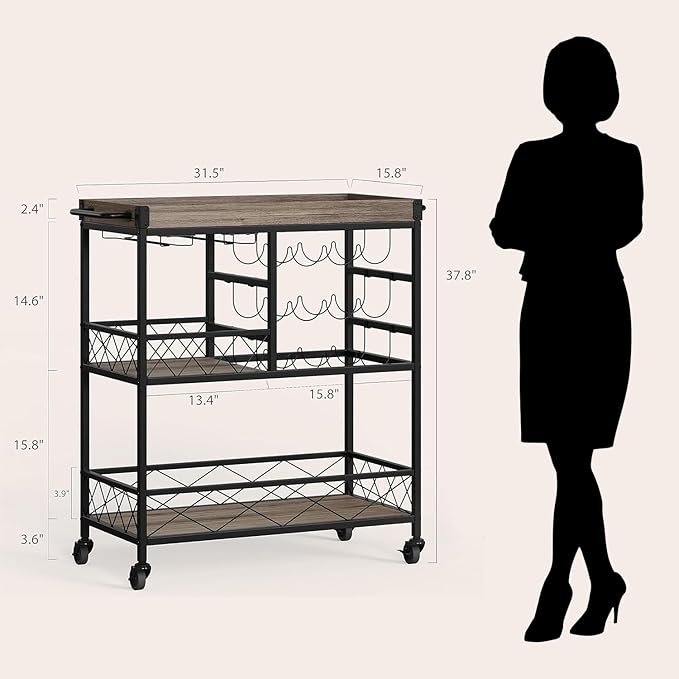 Gizoon Rolling Bar Cart, a Versatile Beverage Cart with a Removable Tray, 12-Bottle Wine Rack, and Glass Holder, The Bar Cart is Perfect for Kitchen, Dining Room, or Outdoor Use (Gray)