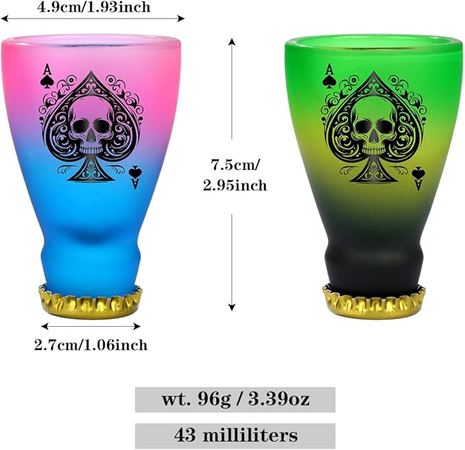 Spades Skull Pattern Glass Shot Glasses, Unique Wine Bottle Shot Glass, 43ml Shot Cups Set of 2 with Gift Box for Alcohol Shots, Vodka, Expresso, Tequila & Dessertsor, Gothic Christmas Gift