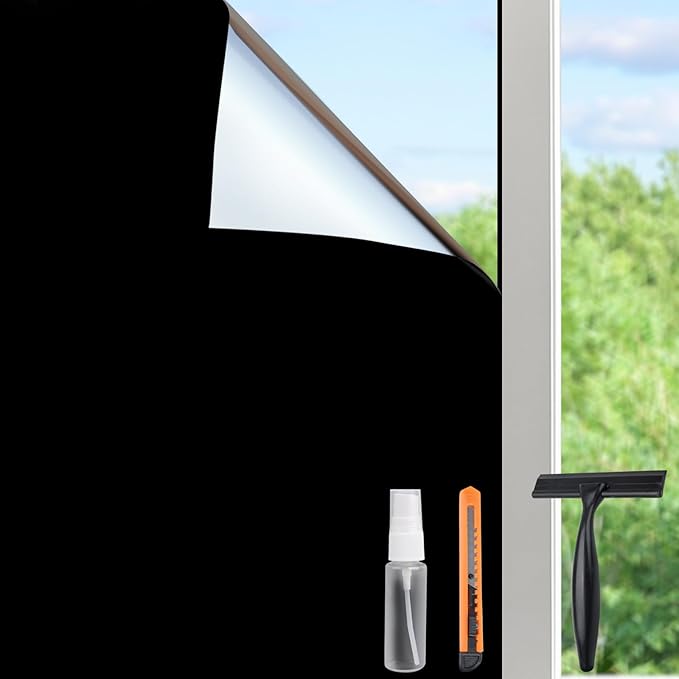 HIDBEA Mirror Blackout Window Film,100% Light Blocking Room Darkening Window Privacy Film,Mirror Glass Window Film Heat Control,Removable Window Cover Tint for Day Sleep(Mirror Black,35.4in x 6.5ft)