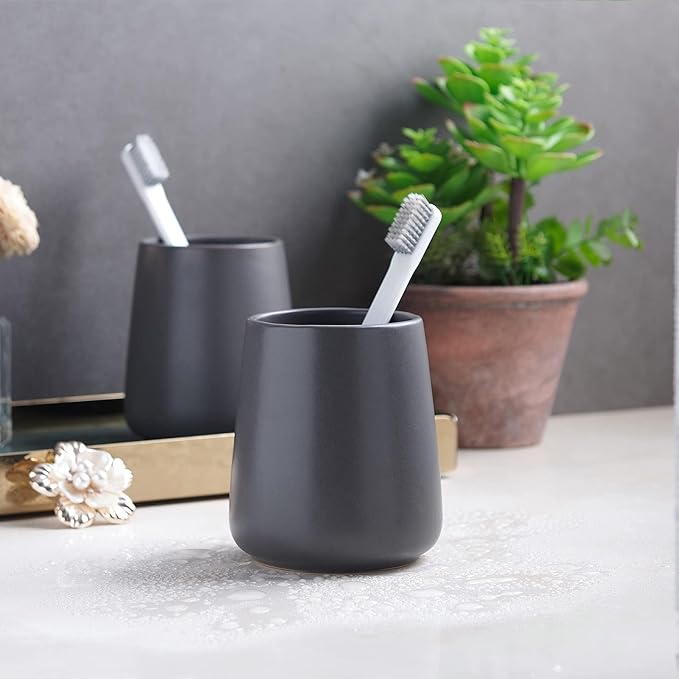 Grey Toothbrush Holder for Bathroom - Ceramic Tooth Brushing Holders, Toothpaste Holder, Reusable Toothbrush Mouthwash Cup, Space-Saving Design for Bathroom Countertop