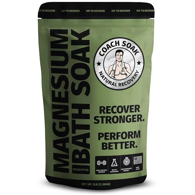 Coach Soak: Recovery Bath Soak – Rejuvenating Post Workout Natural Magnesium Flakes - 21 Minerals, Essential Oils & Dead Sea Bath Salts - Absorbs Faster Than Epsom Salts, 3lbs (Eucalyptus Tea Tree)