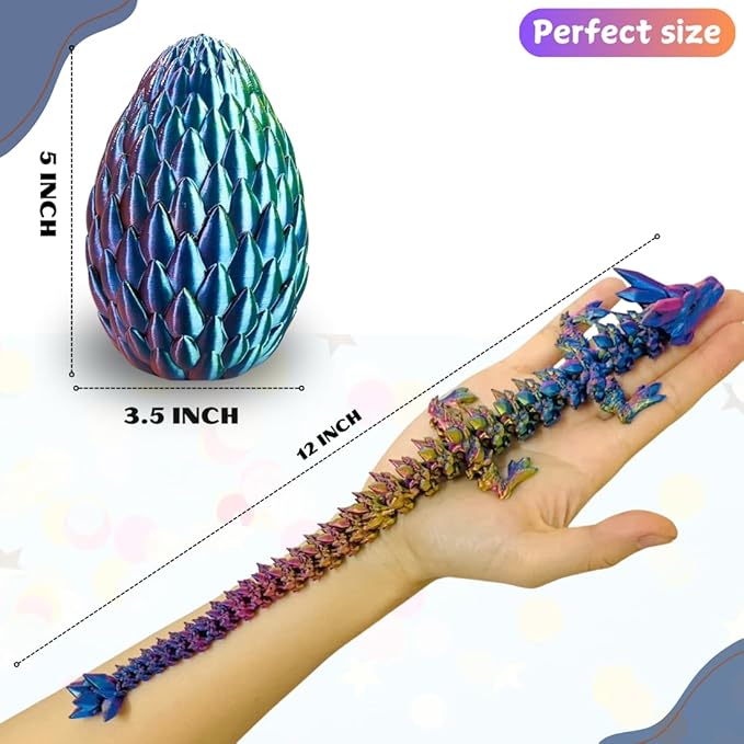 3D Printed 12” Articulated Crystal Dragon Inside 5.1” Egg – Fantasy Collectible, Fidget Toy & Stocking Easter Basket Stuffers for Home & Office Decor (Multicolor).