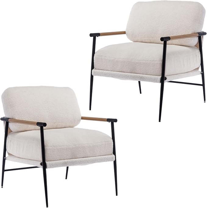 Mid-Century Accent Chair Set of 2, Soft Armchair Sherpa Fabric Lounge Chair with Black Metal Legs, Upholstered Leisure Chair for Living Room Bedroom Reception Room, White