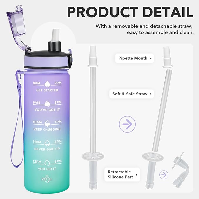 Enerbone Water Bottle, Leakproof BPA & Toxic Free, Motivational Water Bottle with Times to Drink and Straw, Fitness Sports Water Bottle with Strap for Office, Gym, Outdoor Sports