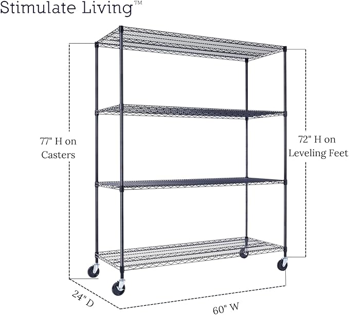 60"x24"x72" PRIME HEAVY DUTY Black 4-Tier Wire Shelving NSF 2400 LBS MAX Capacity Storage Rack for Commercial, School, Home, Garage, Warehouse, Industrial, and Hospital Uses (with Wheels)