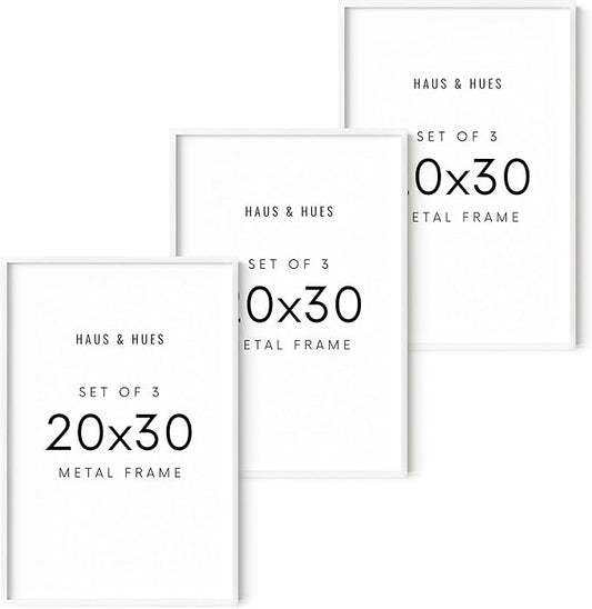HAUS AND HUES 20x30 White Metal Picture Frames - Features Premium Aluminum, Vertical & Horizontal Hang, Shatterproof Plexiglass - Perfect for Home, Room, Office (20x30 in, White, Set of 3)