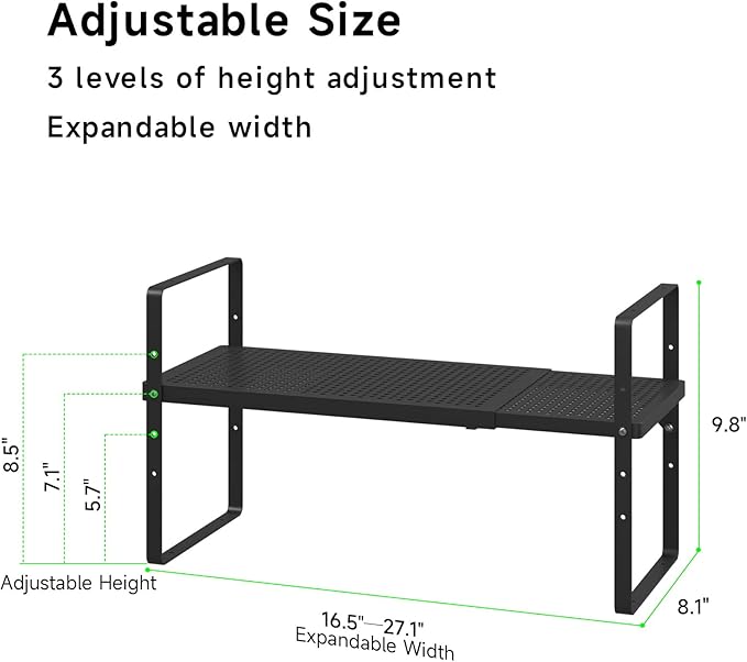Expandable Cabinet Organizer Shelf, Stackable Shelf Riser for Small Kitchen Pantry Desk Cupboard Tabletop Countertop Home Office, Heavy Duty, Black Small 1 Pack