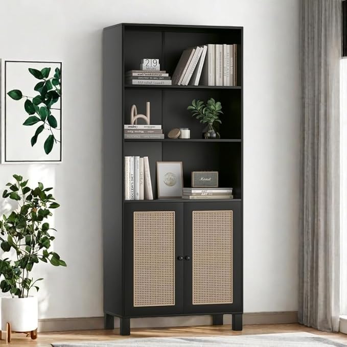 Tall Bookshelf, 5-Tier Book Shelf with 2 Rattan Doors, Freestanding Bookcase Display Shelves with Large Storage, Book Case for Living Room, Office, Study, Bedroom, 70.9 Inch