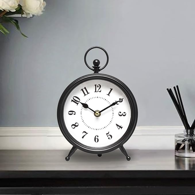 Vintage Black Table Clock on Stand, Decorative Desk and Shelf Clock，Decorative Battery Operated Table Top Clock for Living Room，Silent Non-Ticking(Small)