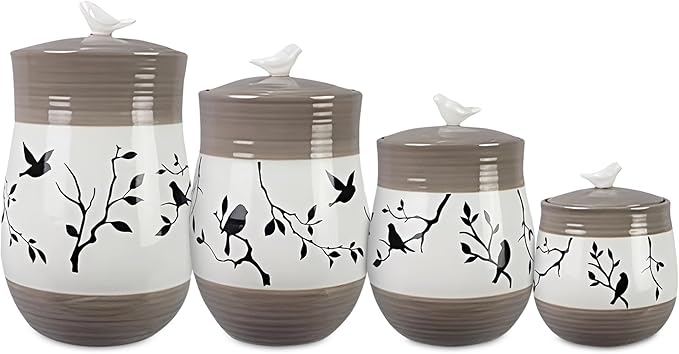 Young's Inc. 4 Pcs Set Botanical Ceramic Canisters- Storage Container for Kitchen and Bathroom - Beautiful Home Decor Accent to Store Food, Coffee, Tea, and More - Brown, White