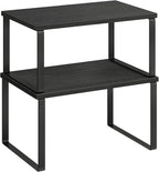 SONGMICS Cabinet Organizer Shelf, Set of 2 Kitchen Counter Shelves, Kitchen Storage, Spice Rack, Stackable, Expandable, Metal and Engineered Wood, Ink Black and Charcoal Black UKCS02B01
