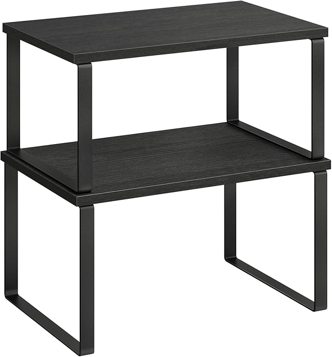 SONGMICS Cabinet Organizer Shelf, Set of 2 Kitchen Counter Shelves, Kitchen Storage, Spice Rack, Stackable, Expandable, Metal and Engineered Wood, Ink Black and Charcoal Black UKCS02B01