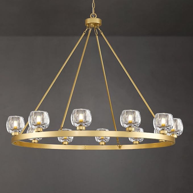 Gold Wagon Wheel Chandelier, 48 Inch Brass Chandeliers with Unique Glass Shade, 12-Light Crystal Large Wagon Wheel Chandeliers for Dining Room, High Ceiling Round Chandelier for Living Room, Foyer