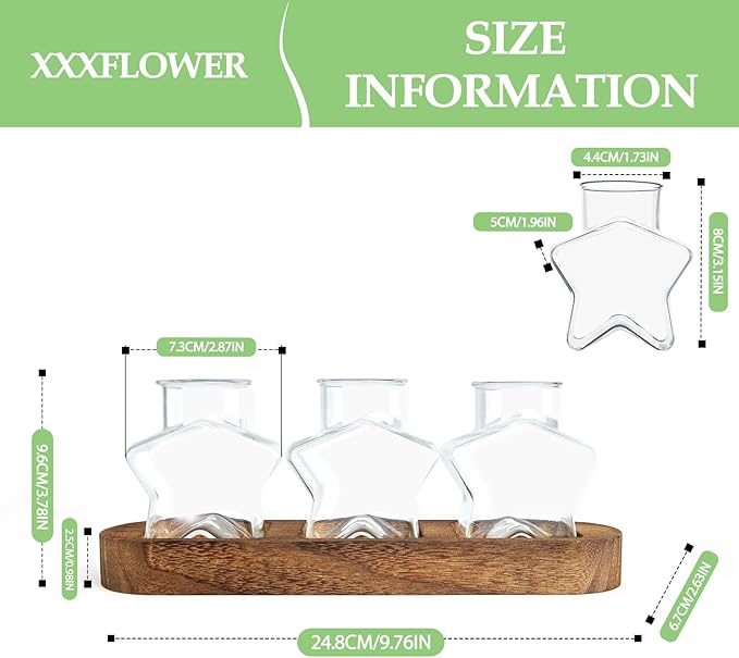 XXXFLOWER Plant Propagation Station with Wooden Stand，Air Plant Terrarium Starter Kits Star Vases for Flowers Plant Cutting Rooting Pots Indoor Hydroponic Glass Planter for Plant Lovers,3 Jars