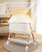 4 in 1 Baby Bassinet, Bassinets Bedside Sleeper with Wheels and Storage Basket, Adjustable 7 Heights Bedside Sleeper with Mosquito Net, Breathable Mesh Rocking Bassinet for Baby