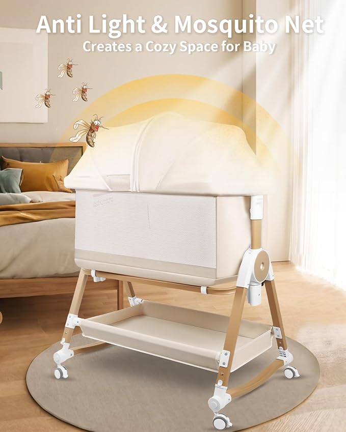 4 in 1 Baby Bassinet, Bassinets Bedside Sleeper with Wheels and Storage Basket, Adjustable 7 Heights Bedside Sleeper with Mosquito Net, Breathable Mesh Rocking Bassinet for Baby