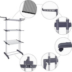 Bigzzia Clothes Drying Rack Folding Drying Rack Clothing 4 Tier Clothes Horses Rack Stainless Steel Laundry Drying Rack with Two Side Wings Grey